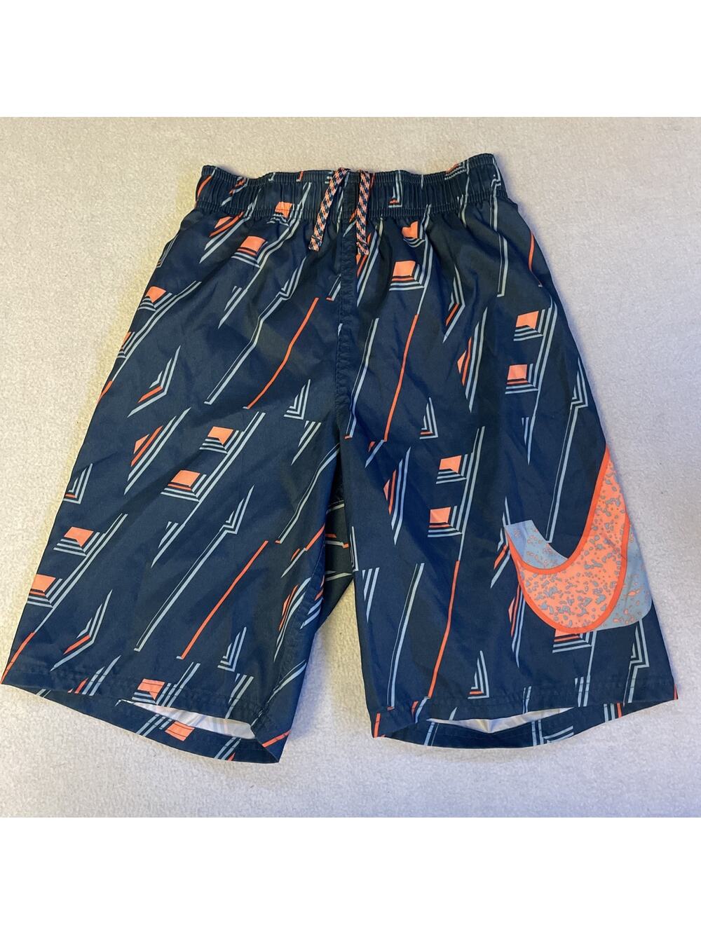 Nike Boys Medium Swim Trunks Board Shorts Navy Blue Orange Geometric Lined